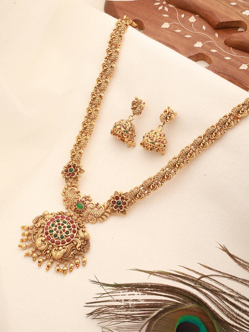Antique Gold Plated Red & Green Kempo Temple Floral Peacock Long Haram Jhumka Jewellery Set