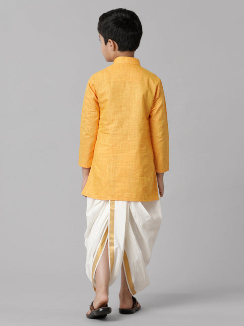 Ramraj Cotton Boys Yellow Kurta with Cream Elastic Panchakacham Combo FS1