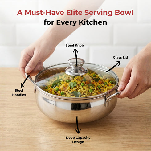 Vinod Stainless Steel Elite Bowl 2 Pcs Set with Glass Lid and Side Handles Highest Grade Stainless Steel Mirror finish Dishwasher Safe