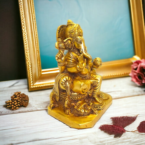 Tamas Brass Lord Ganesha Sitting on Carved Singhasan with Mooshak Statue Free Premium Gift Box