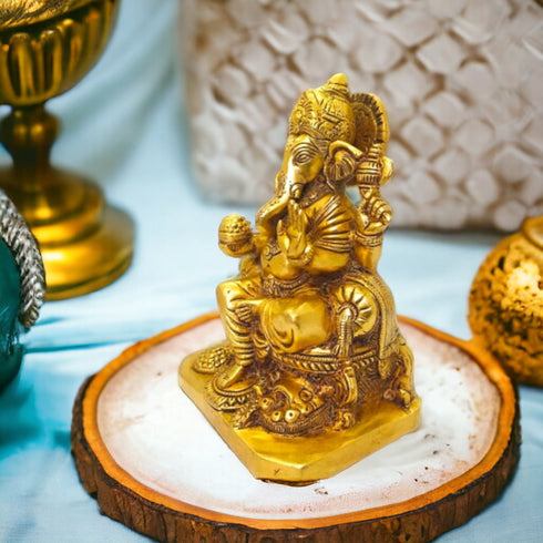 Tamas Brass Lord Ganesha Sitting on Carved Singhasan with Mooshak Statue Free Premium Gift Box