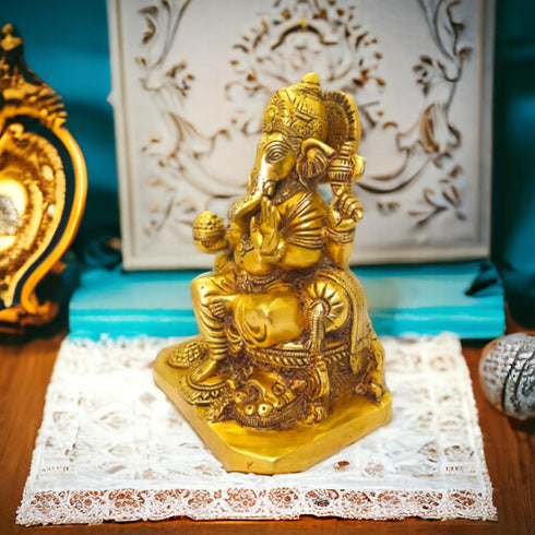 Tamas Brass Lord Ganesha Sitting on Carved Singhasan with Mooshak Statue Free Premium Gift Box