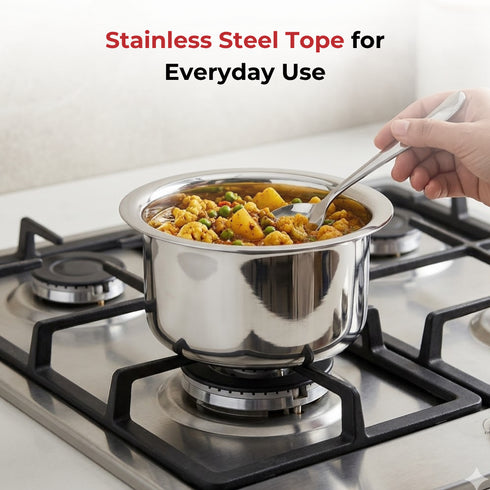 Vinod Stainless Steel Induction Friendly Flat Bottom Cooking Tope With 1.5mm Thickness 18 Gauge Durable Steel 3 Pcs Capacity 1400ml 1800ml and 2300ml No 11 to 13