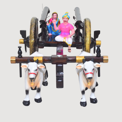 Handcrafted Dark Brown Teak Wood Bullock Cart with Bulls & Farmer