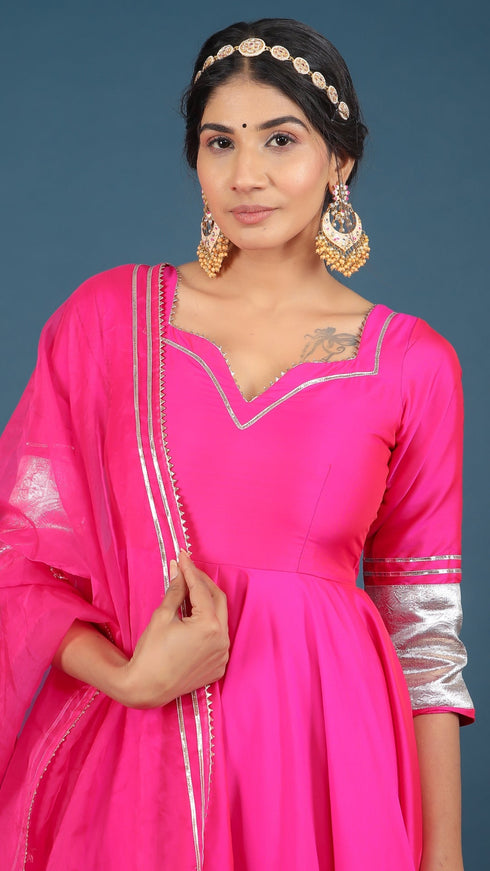 Pomcha Jaipur Amber Hot Pink Taffeta Silk Anarkali Set