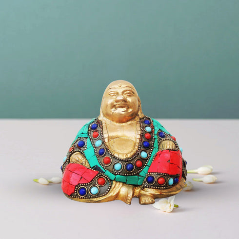 Brass Laughing Buddha Statue With Turquoise Coral 0.805Kg