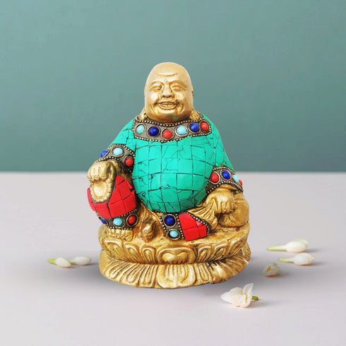 Brass Laughing Buddha Statue With Turquoise Coral 1.205Kg