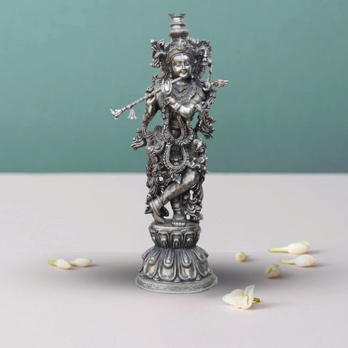 Brass Krishna Statue With Silver Antique Finish 11.335Kg