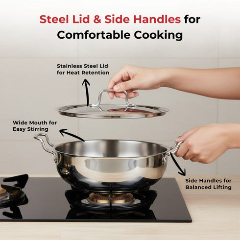 Vinod Doniv Stainless Steel Majestic Sandwich Bottom Kadai with Steel Lid 4 Liter 26 cms Induction Friendly