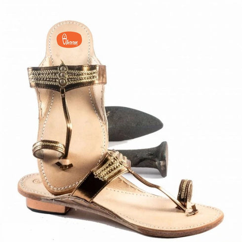Vhaanfootwear Angthapatti Box Heel Classic Kolhapuri Chappal For Women Color Gold