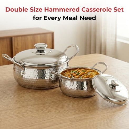Vinod Stainless Steel Milano Hammered Serving Casserole with Steel Lids and Side Handles Set of 2 1230 ml 1630 ml High Grade Steel Rust Free