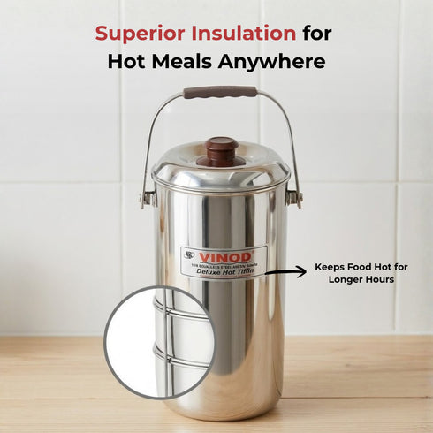Vinod Stainless Steel Deluxe Hot Tiffin with 5 Compartments Insulated Rust Free Leak Proof Strong and Tough Dishwasher Safe
