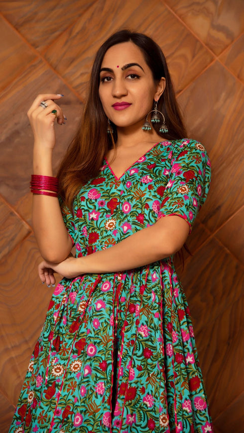 Pomcha Jaipur Surangi Kalidar Taaj Cotton Hand Block Print Anarkali Set With Soft Net Dupatta