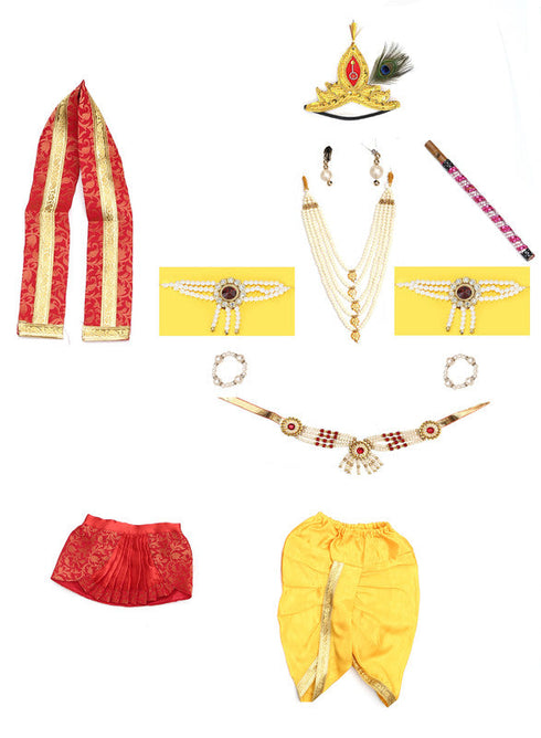 Raj Fancy Dresses Baby Krishna Mythological Character Costume | Brocade Fabric Yellow and Red