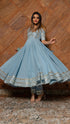 Pomcha Jaipur Powder Blue Pure Cotton Anarkali With Organza Dupatta Set