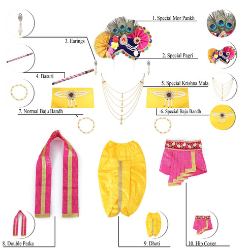 Raj Fancy Dresses Krishna Dress for Kids, Baby Krishna Dress for Janmashtami with Krishna Mukut