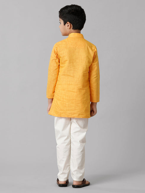 Ramraj Cotton Boys Full Sleeves Yellow Kurta with Cream Pyjama Pant Combo FS1