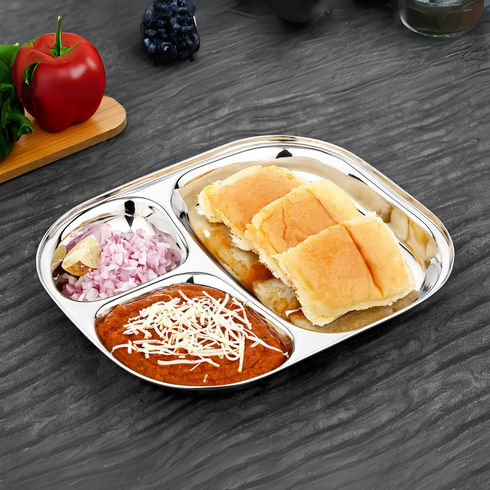 Vinod Stainless Steel 3 Compartment Plate with Round Edges Pav Bhaji Plates Idli Sambhar Breakfast Plate Lunch Dinner Plate Pack of 2