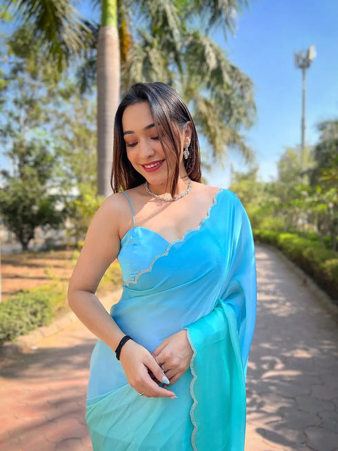 Vasthrlay Sky Blue Satin Georgette Plain Saree