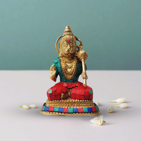 Brass Hanuman With Turquoise Coral Statue 1.346Kg