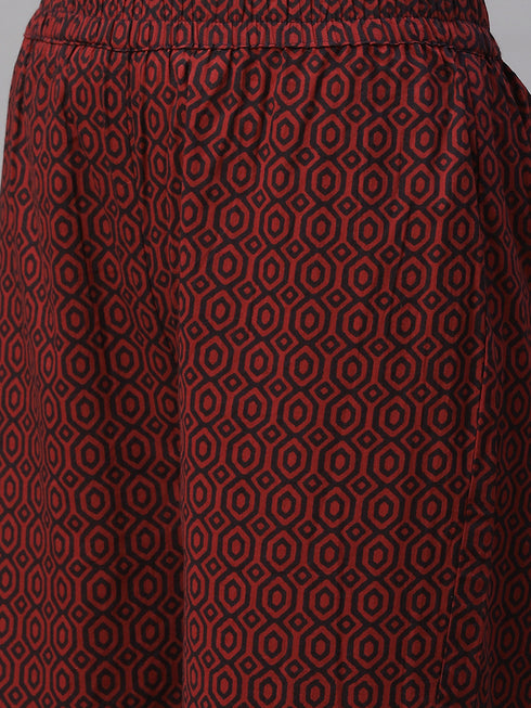 Miravan Womens Maroon Cotton Floral Print Straight Kurta Sharara And Dupatta Set