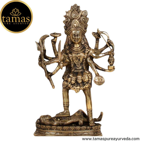 Tamas Brass Handcrafted Mahakali Kalika Maa Statue / Idol with Antique Finish ( Golden) (Pack of 1)