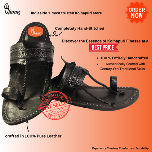 Vhaanfootwear Black Pure Leather Kapashi kolhapuri chappal for Men by Vhaan