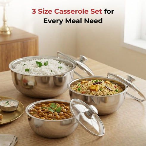 Vinod Stainless Steel Montero Insulated Casserole with Glass Lids and Steel Knobs Set of 3 500 ml 900 ml and 1500 ml High Grade Steel and Rust Free