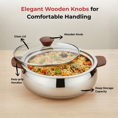 Vinod Stainless Steel Aroma Insulated Casserole with Glass Lid and Wooden Knob 750 ml High Grade Stainless Steel Rust Free PUF Coating