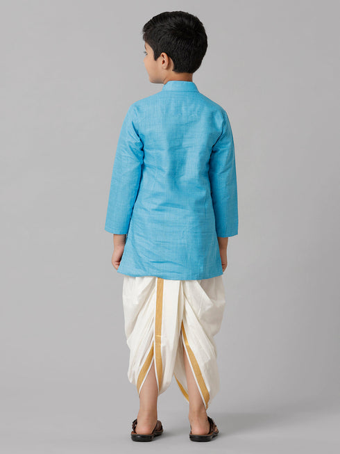 Ramraj Cotton Boys Sky Blue Kurta with Cream Elastic Panchakacham Combo FS4