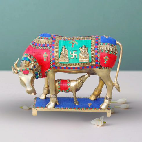 Brass Cow With Calf Stone Statue 13.44Kg