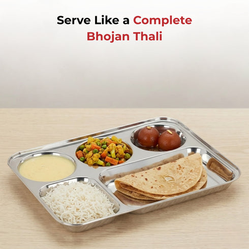 Vinod Stainless Steel 5 Compartment Plate with Round Edges Lunch and Dinner Plate Bhojan Thali High Quality Steel Rust Free Pack of 2