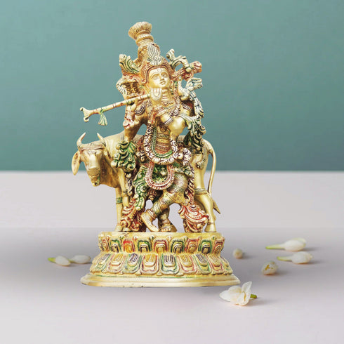 Brass Krishna With Cow Big Idol 8.26Kg