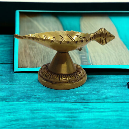 Tamas Brass Leaf Diya with Stand Ethnic Design Handmade | Free Luxury Gift box