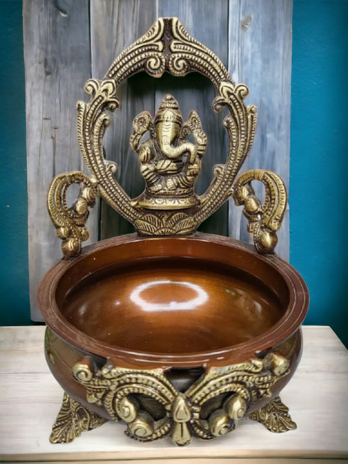 Tamas Brass Handcrafted Ethnic Carved Ganesha Design Brass Decor Urli Bowl (Golden & Brown) (Pack of 1)
