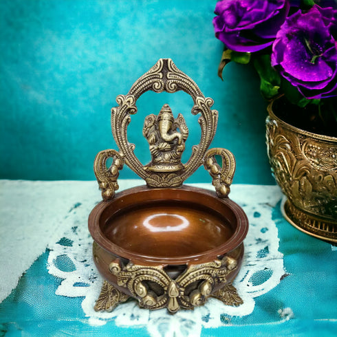 Tamas Brass Handcrafted Ethnic Carved Ganesha Design Brass Decor Urli Bowl (Golden & Brown) (Pack of 1)
