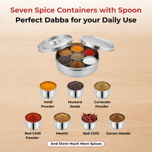 Vinod Stainless Steel Masala Dabba Spice Box with 7 Containers Spoon and Inner Lid Mirror Finish Rust Free Strong Build No 11