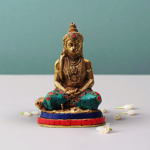 Brass Hanuman With Turquoise Coral Statue 1.63Kg
