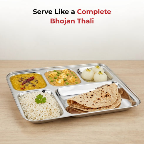 Vinod Stainless Steel 5 Compartment Plate with Square Edges Lunch and Dinner Plate Bhojan Thali High Quality Steel Rust Free Pack of 2