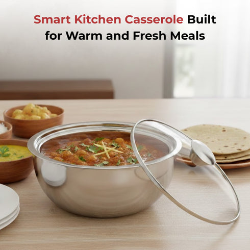 Vinod Stainless Steel Montero Insulated Casserole with Glass Lid and Steel Knob 1500 ml PUF PUF Coated High Quality Stainless Steel Rust Free