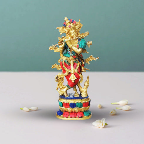 Brass Krishna Stone Idol 3.37Kg
