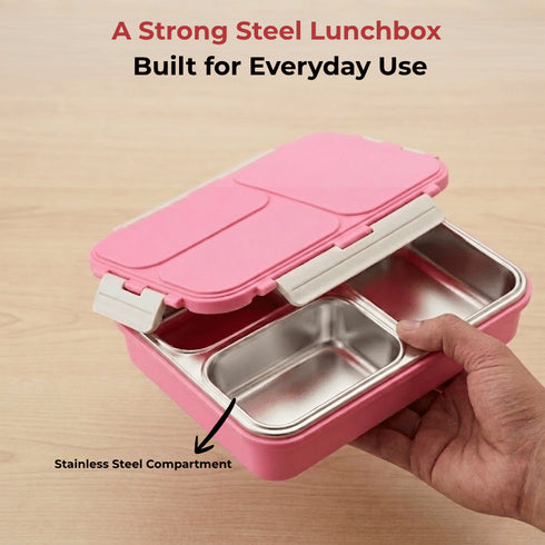 Vinod Stainless Steel Tiffin 3 Compartment Pink Airtight Silicone Sealed Lid Insulated Food Grade Steel Secure Side Clips