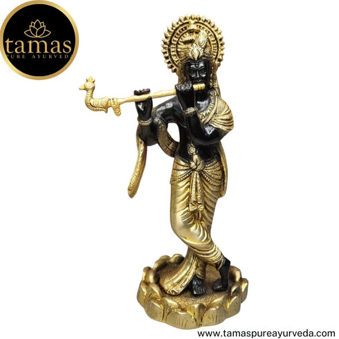 Tamas Brass Handcrafted Lord Krishna Murti Statue/ Idol with Antique Finish ( Black & Golden) (Pack of 1)