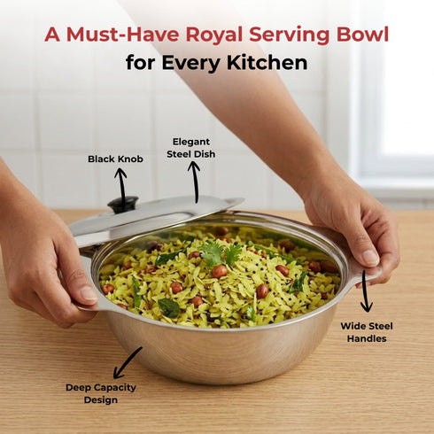 Vinod Stainless Steel Royal Veg Serving Dish with Cover 1300 ml Highest Grade Stainless Steel Tough and Strong Dishwasher Safe