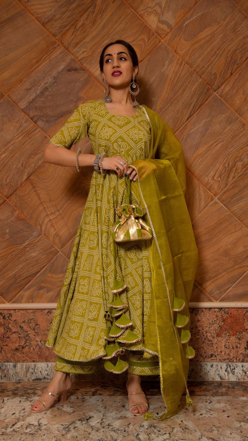 Pomcha Jaipur Bandhej Mehendi Green Cotton Anarkali Set