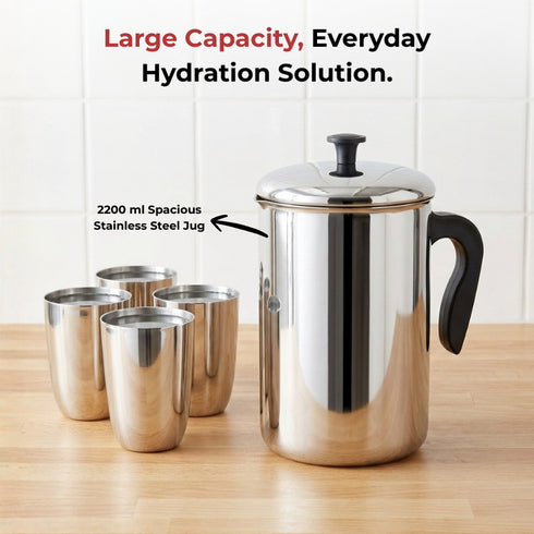 Vinod Stainless Steel Aqua Jug Covered 2200 ml with Highest Grade Stainless Steel Mirror Finish Strong and Durable Build Rust Free