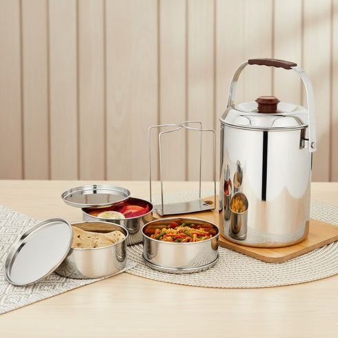 Vinod Stainless Steel Deluxe Hot Tiffin with 3 Compartment Insulated Rust Free Leak Proof Dishwasher Safe Strong and Tough