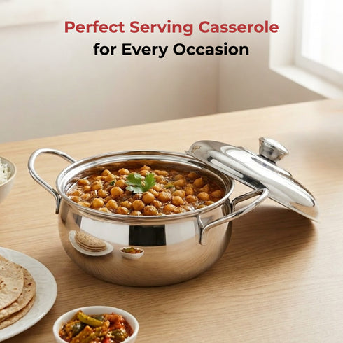 Vinod Stainless Steel Milano Plain Serving Casserole with Steel Lid and Side Handles 1630 ml Highest grade Stainless Steel Tough and Strong