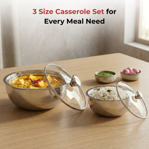 Vinod Stainless Steel Montero Insulated Casserole with Glass Lids and Steel Knobs Set of 2 500 ml 900 ml High Quality Stainless Steel Rust Free