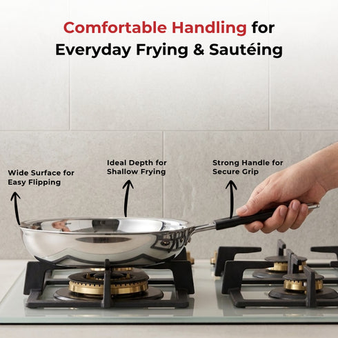 Vinod Stainless Steel Heavy Bottom Royal Fry Pan Dishwasher Safe Gas Stove and Induction Compatible Durable 20 Cm Frying Pan Soft Touch Handle Kitchen Utensil